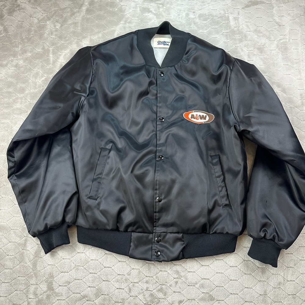 Vintage Chalk Line A&W Root Beer Satin Bomber Jacket Black Mens Large USA Made